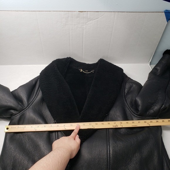 Vintage Patmos Long Leather Shearling Coat Womens Large Black Trench Full Length - Picture 6 of 16